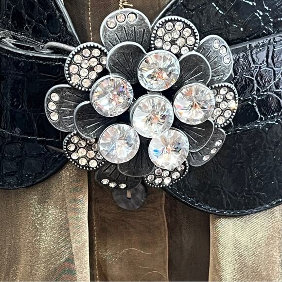 VINTAGE Black faux croc belt with giant rhinestones stretch back 42x3”/SZ 2X main image 13